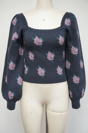 Square Neck Puff Sleeve Floral Sweater