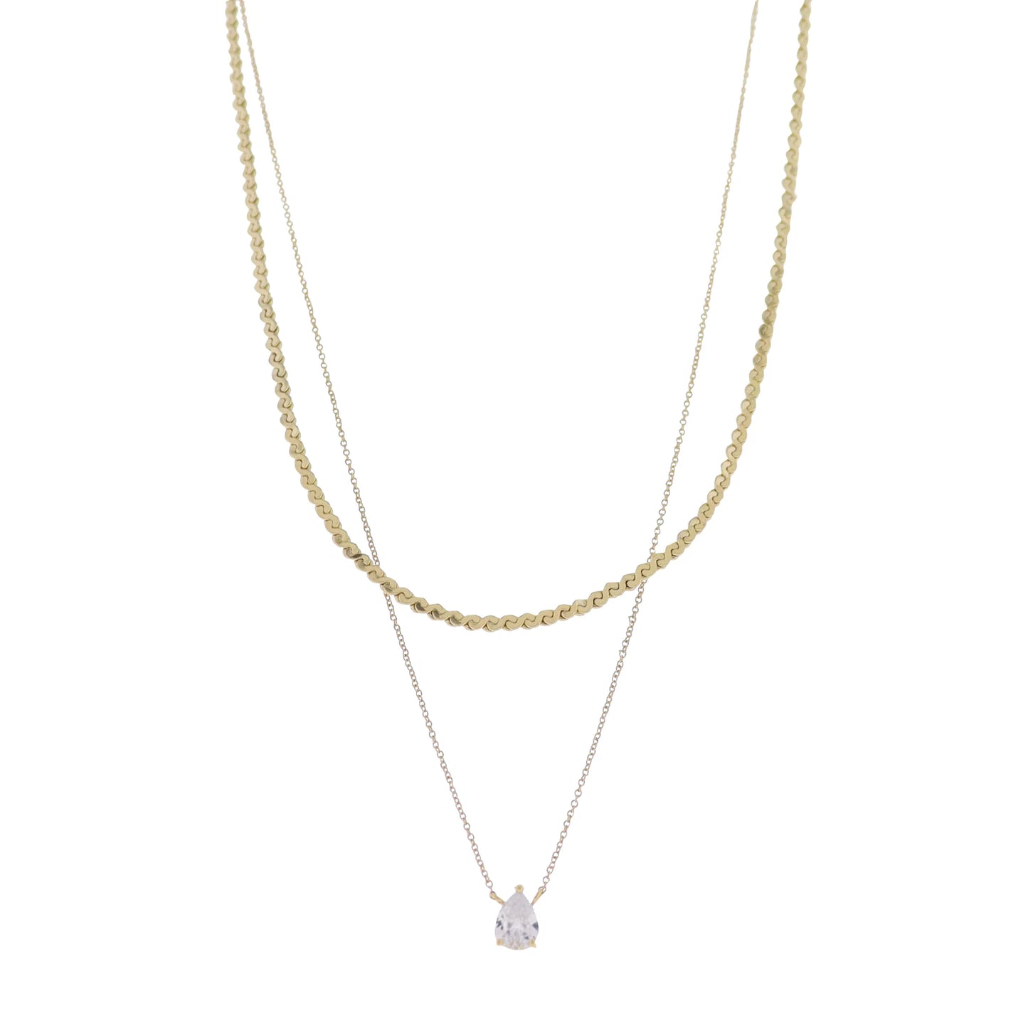 18K Gold Plated 2 Layer Wave & Rolo Chain Necklace with Clear Crystal Teardrop
