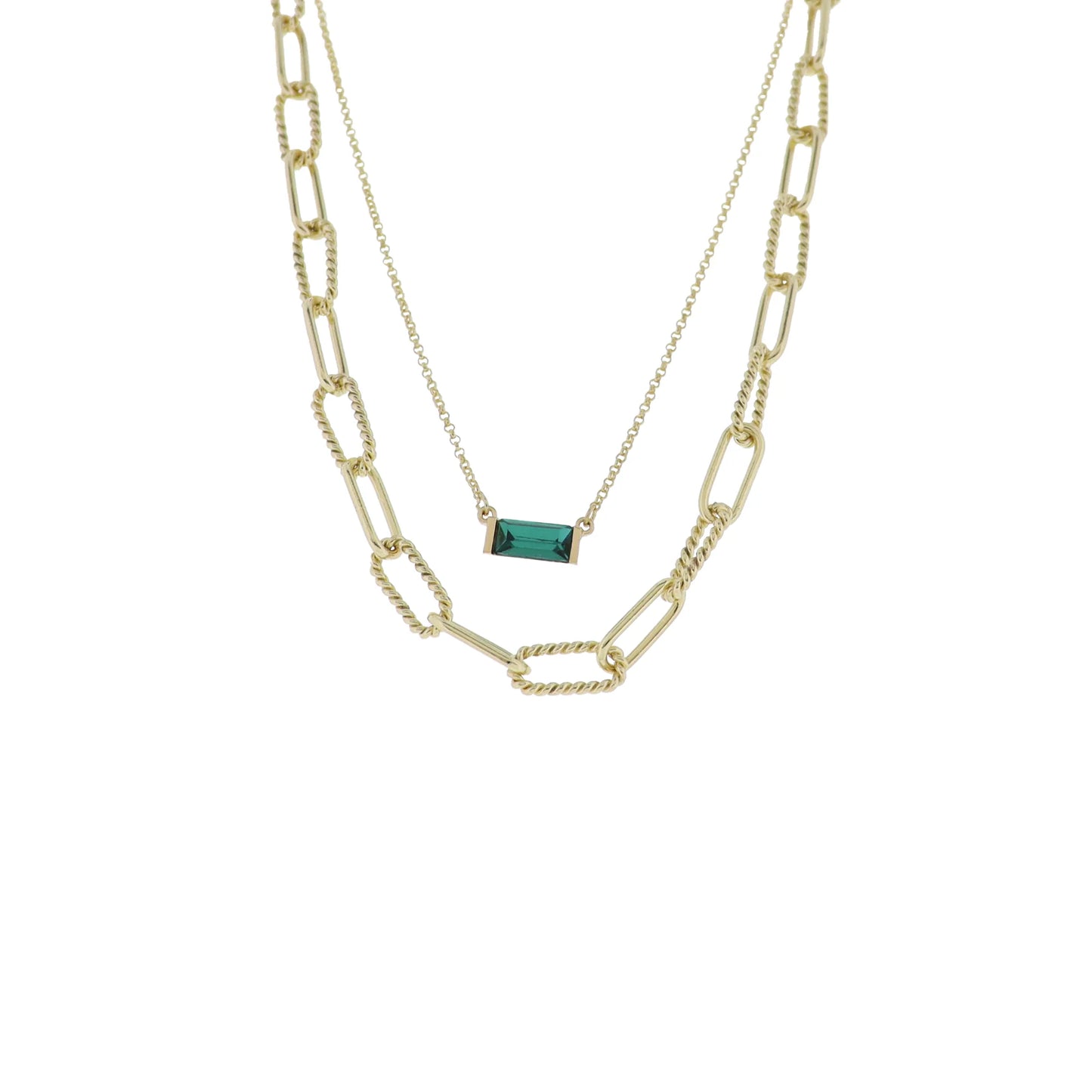 Gold 2 Layer Oval Link, Rolo Chain Necklace with Emerald Crystal Rectangle
