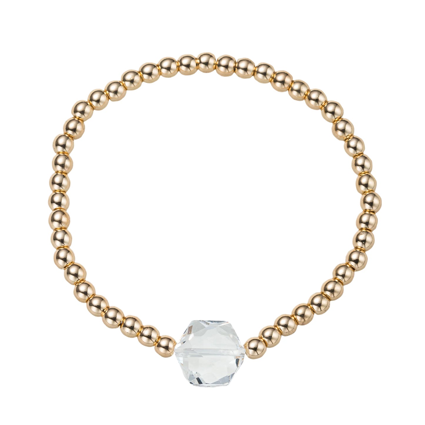Gold, Clear Small Beaded Stretch Bracelet with Clear Hexagon Stone
