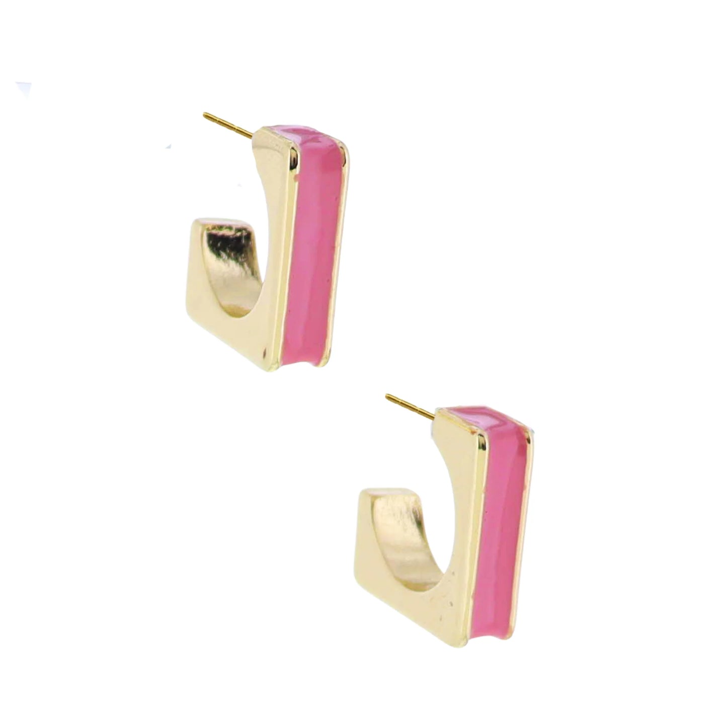 Gold Square Hoop Earring with Pink Enamel