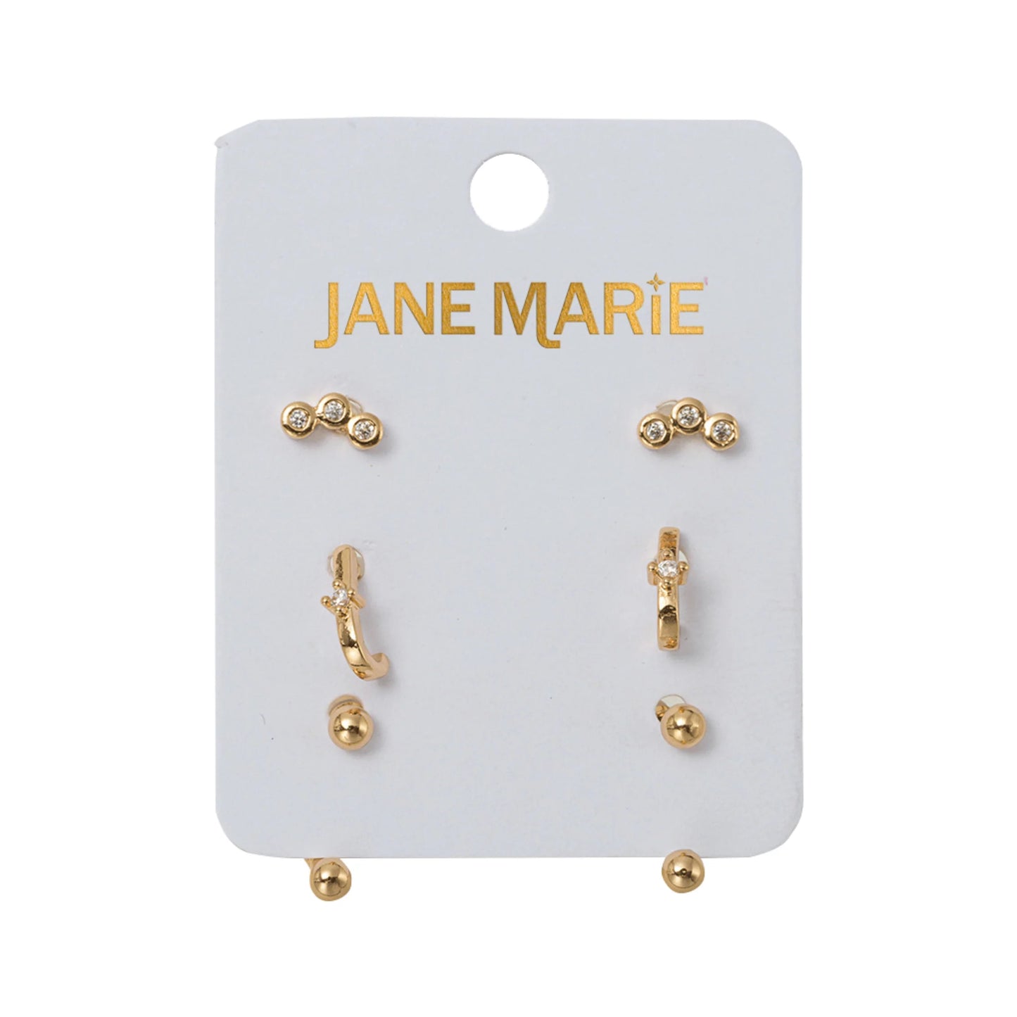 Set of 3 Earrings, 3 Clear Crystals, Crystal Faux Huggie, Gold Ball with Gold Ball Jacket