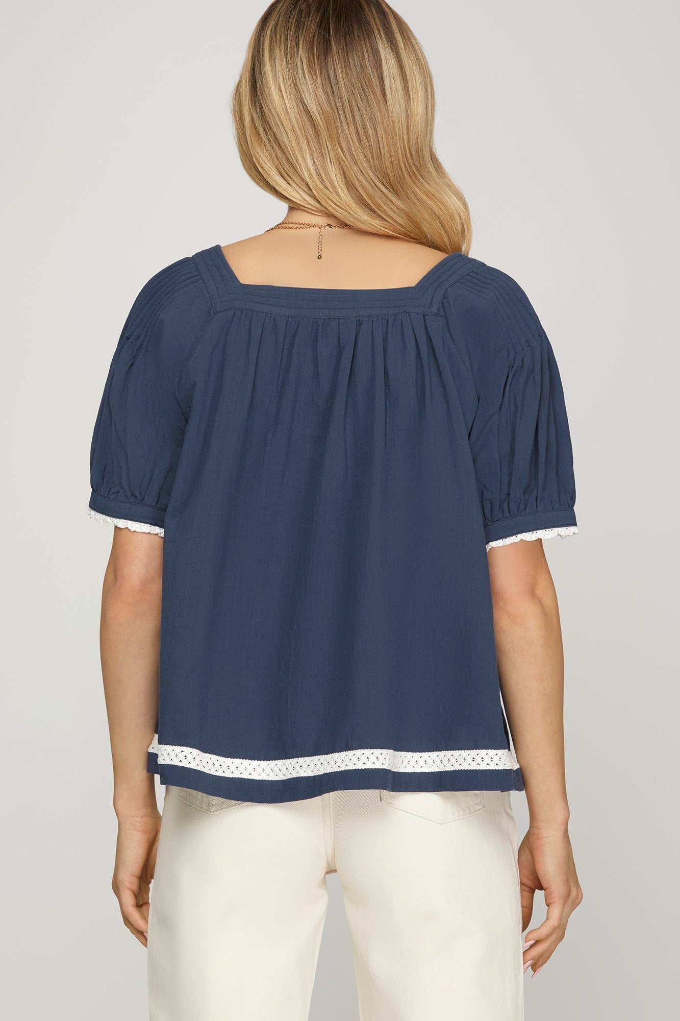 Half Sleeve Pintuck Woven Top with Lace Trim