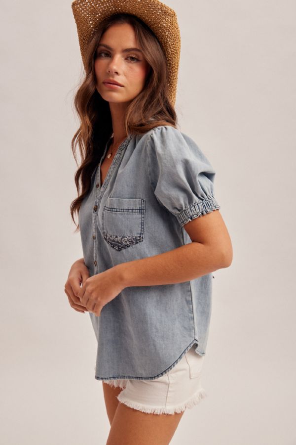 Vandana Print Patch Back Puff Denim Blouse