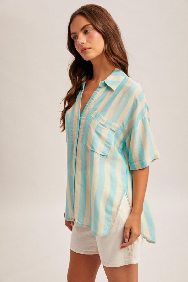 Striped Collared V Neck Relaxed Button Down Shirt