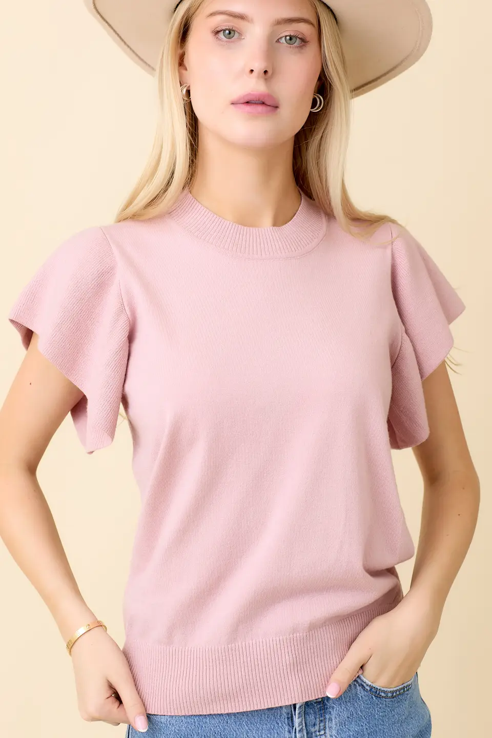 Ruffle Sleeve Solid Sweater