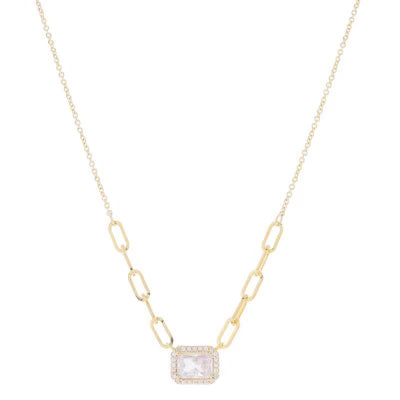 16" 18K Gold Plated Paperclip Chain Portion & Rectangle Crystal Necklace