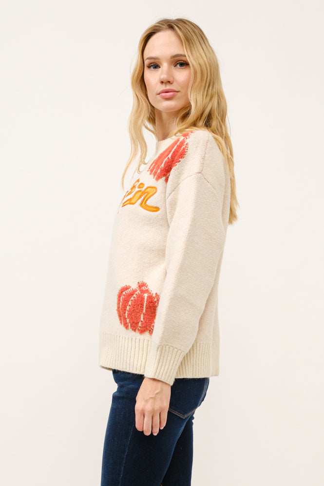 Pumpkin Textured Pullover Sweater w/ Lettering