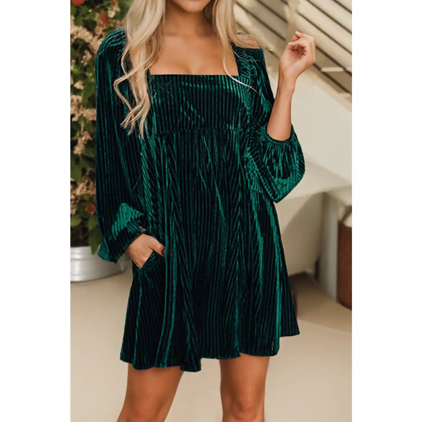 Tie Back Square Neck Velvet Babydoll Dress