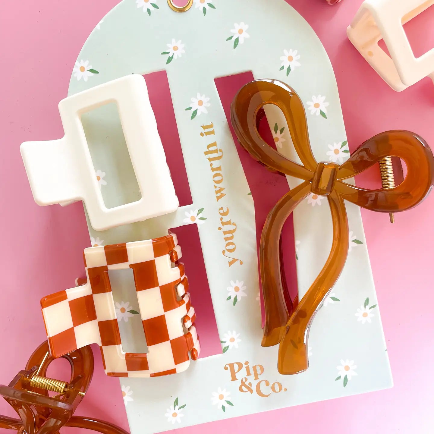 Mocha Bow and Checkered Claw Hair Clip Set