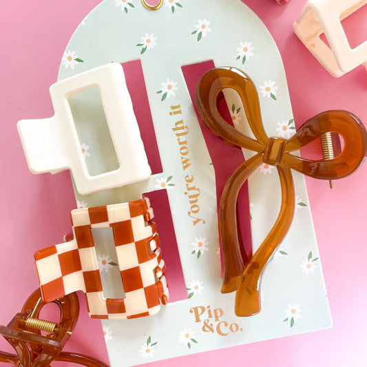Mocha Bow and Checkered Claw Hair Clip Set