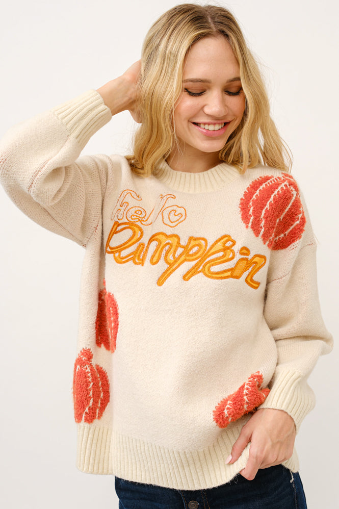 Pumpkin Textured Pullover Sweater w/ Lettering