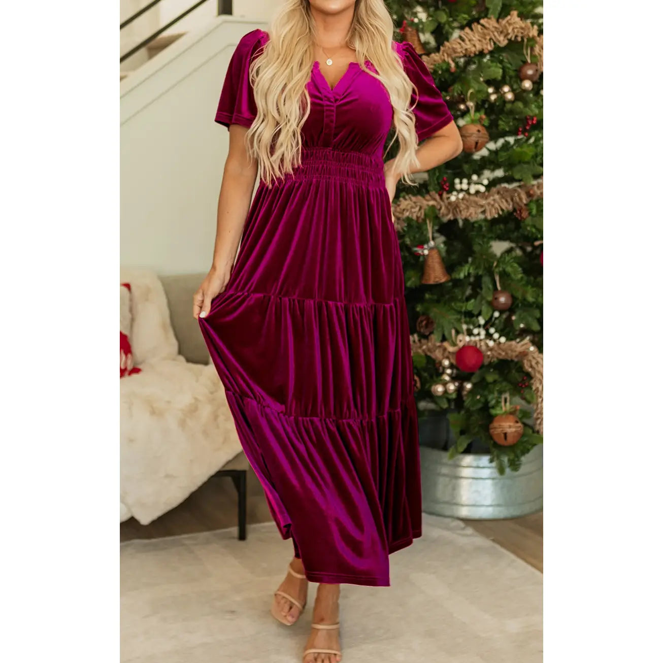 Velvet Short Sleeve Shirred Waist Tiered Maxi Dress