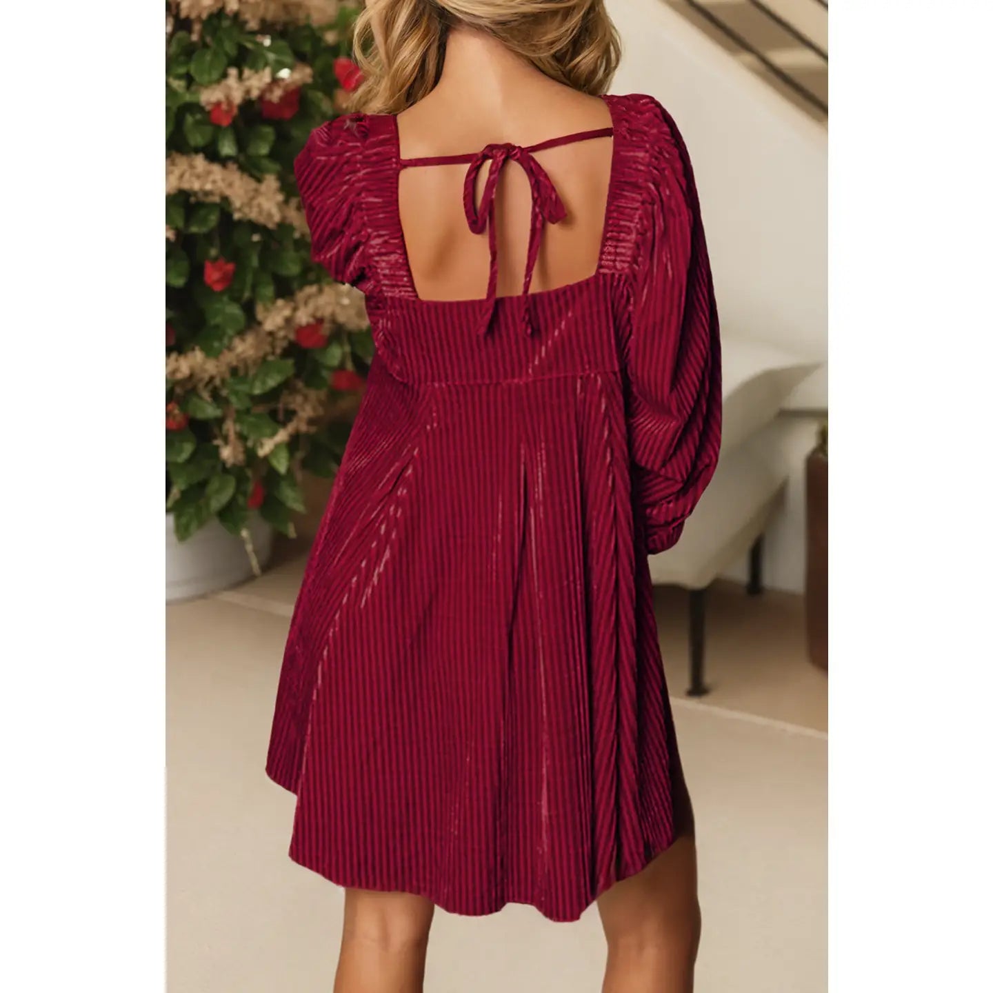 Tie Back Square Neck Velvet Babydoll Dress