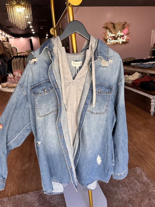 Oversized Hooded Zip Up Denim Shirts