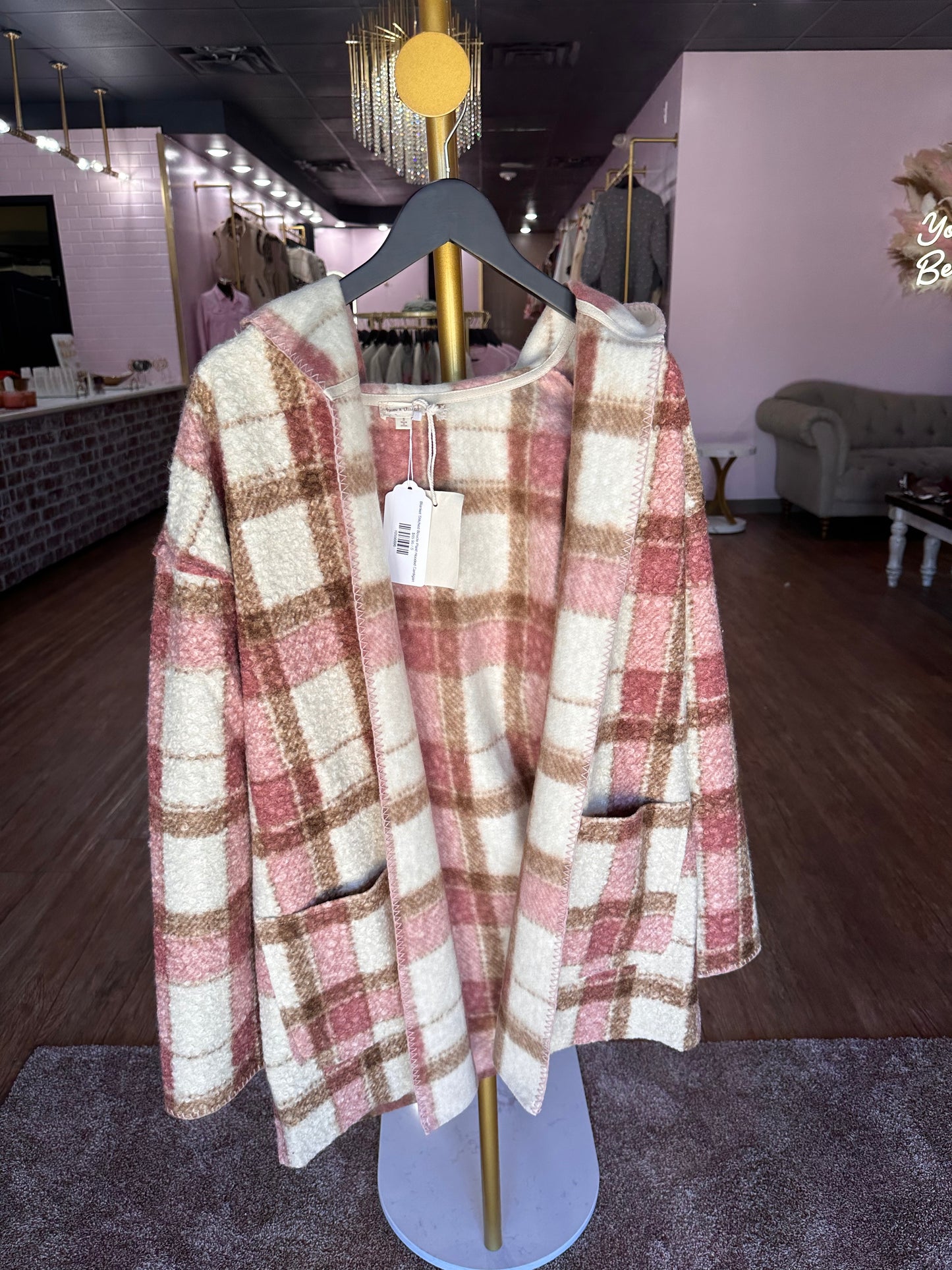 Blanket Stitched Boucle Plaid Hooded Cardigan