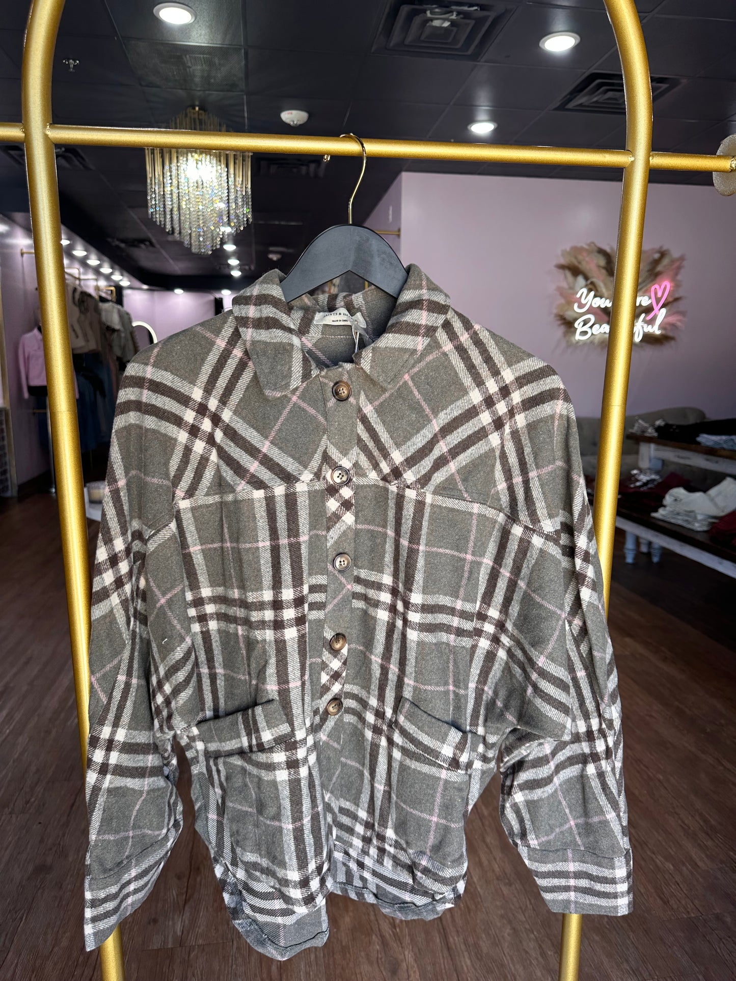 Oversized Plaid Shacket With Pocket