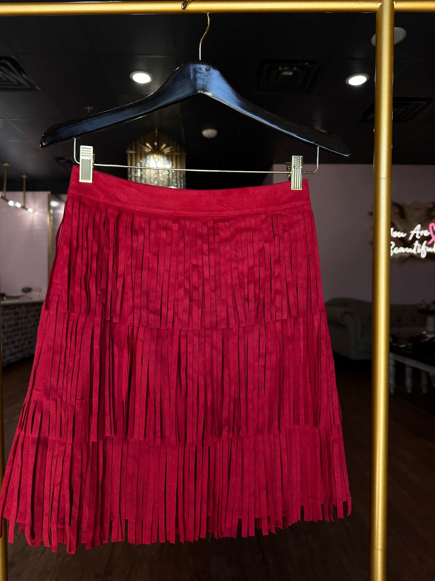 Deep Red Suede Fringe Tier Skirt