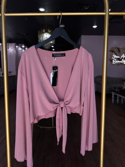 Rose Mauve Front Tie Flare Sleeve Crop Top