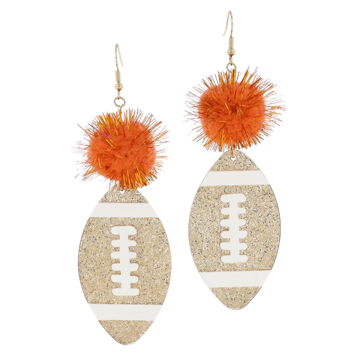 Orange Tinsel Pom and Gold Glitter Football Earrings