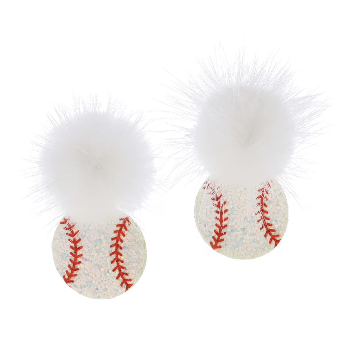 Fluffy White Pom w/ Iridescent Glitter Baseball Earrings