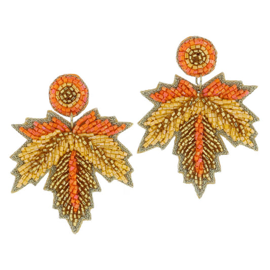 Orange, Yellow, Gold Beaded Fall Leaf Earrings