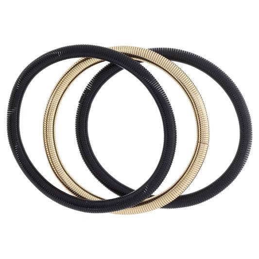 Set of 3 Black and Gold Stretchy Bangles Bracelet 8"