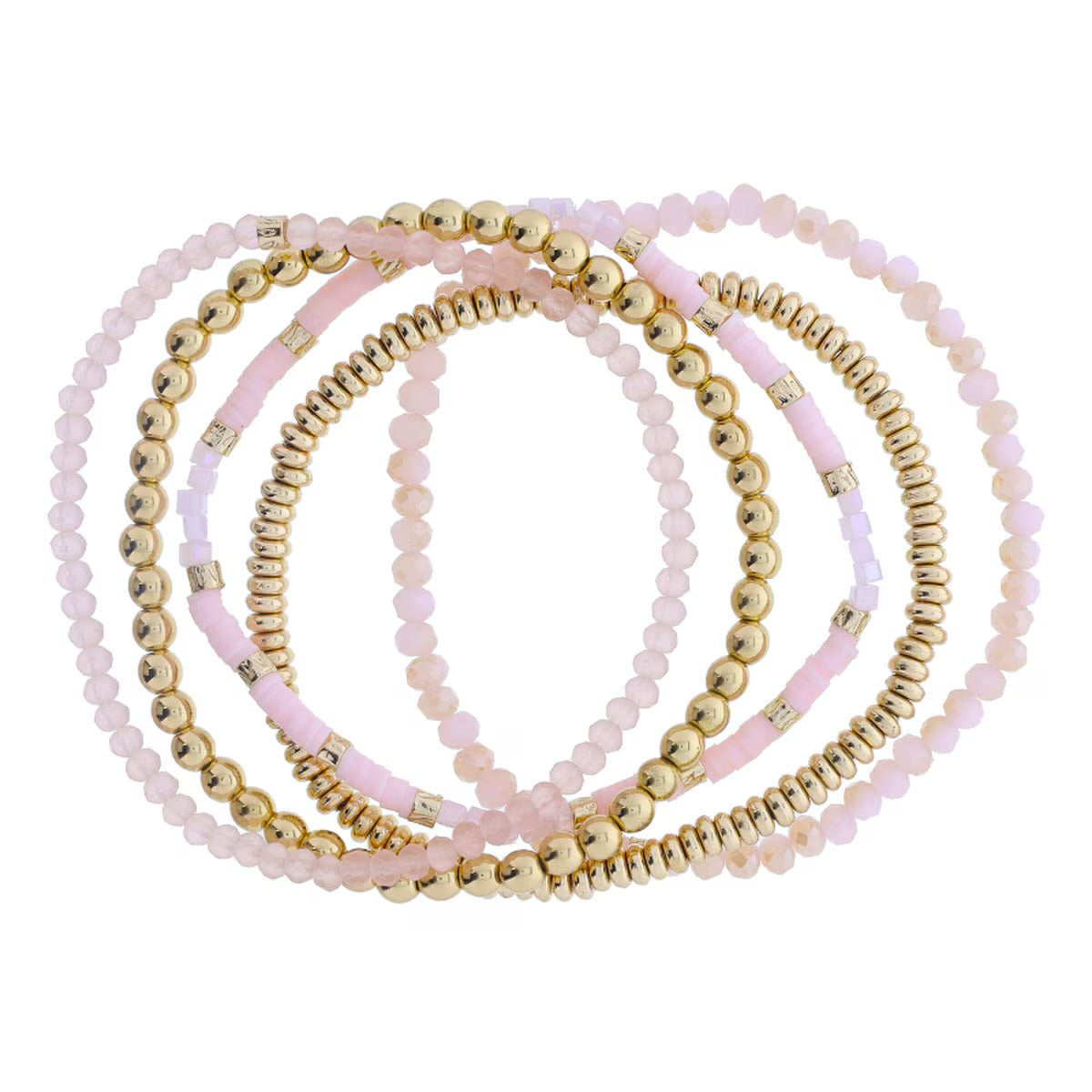 Set of 5 Light Pink, Rose, Gold Beaded Bracelet 8"