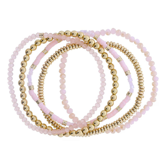 Set of 5 Light Pink, Rose, Gold Beaded Bracelet 8"