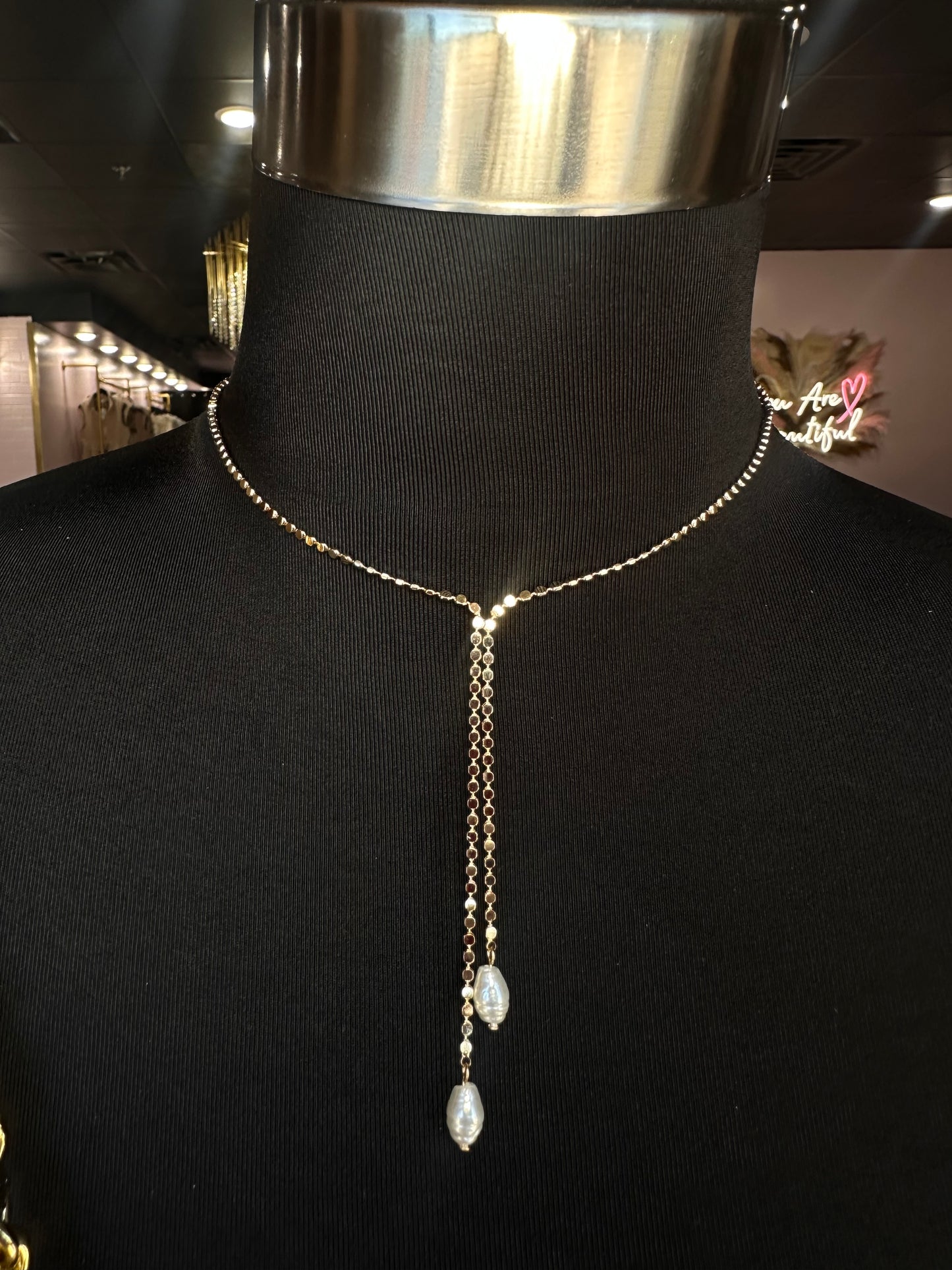 Gold Flat Chain W/ Double Lariats & Pearls Necklace