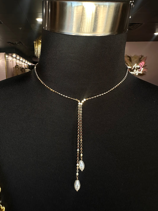 Gold Flat Chain W/ Double Lariats & Pearls Necklace