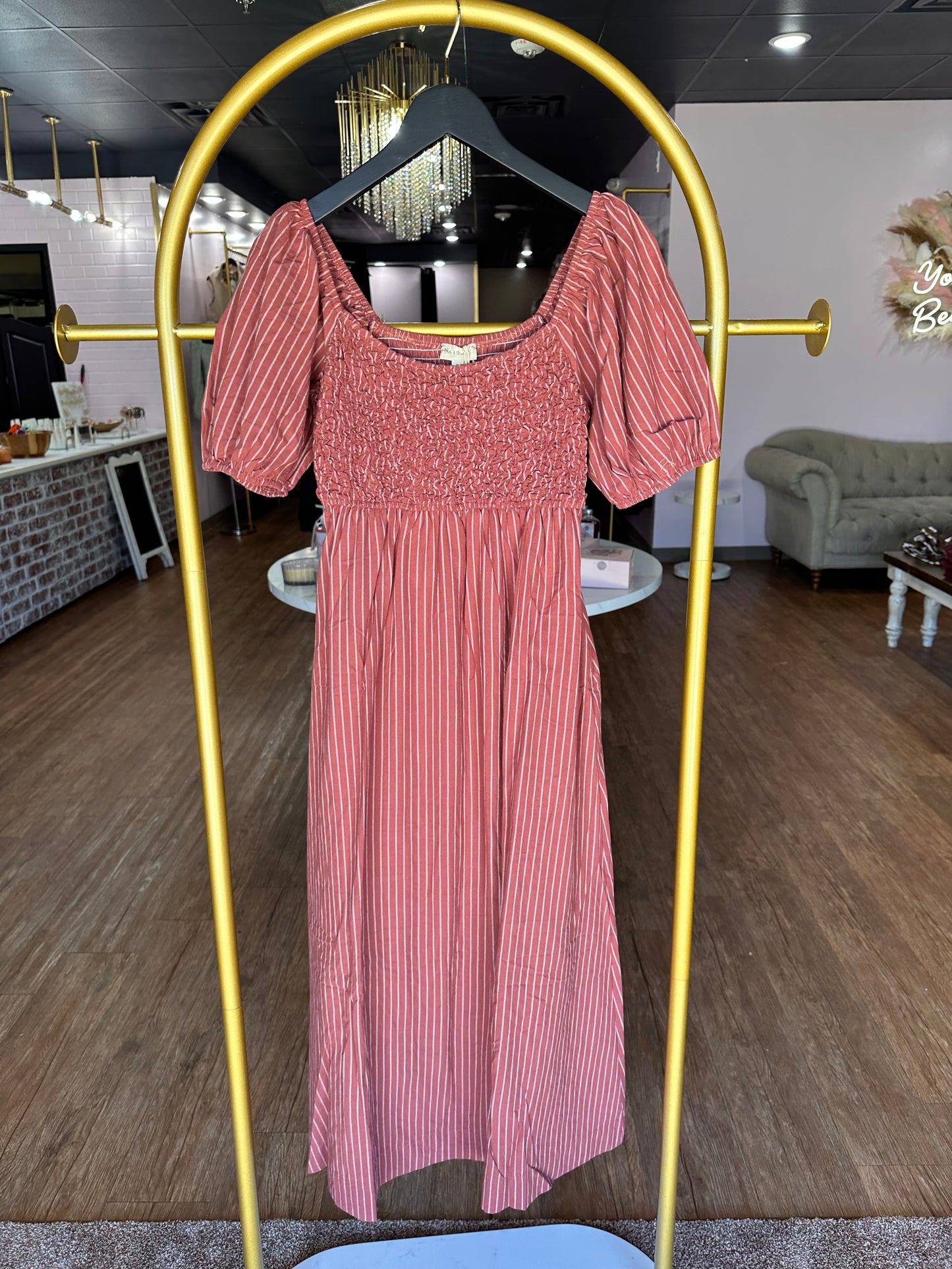 Bubble Sleeve Popcorn Smocked Midi Dress