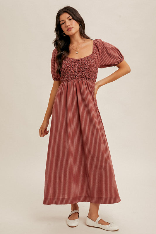 Bubble Sleeve Popcorn Smocked Midi Dress