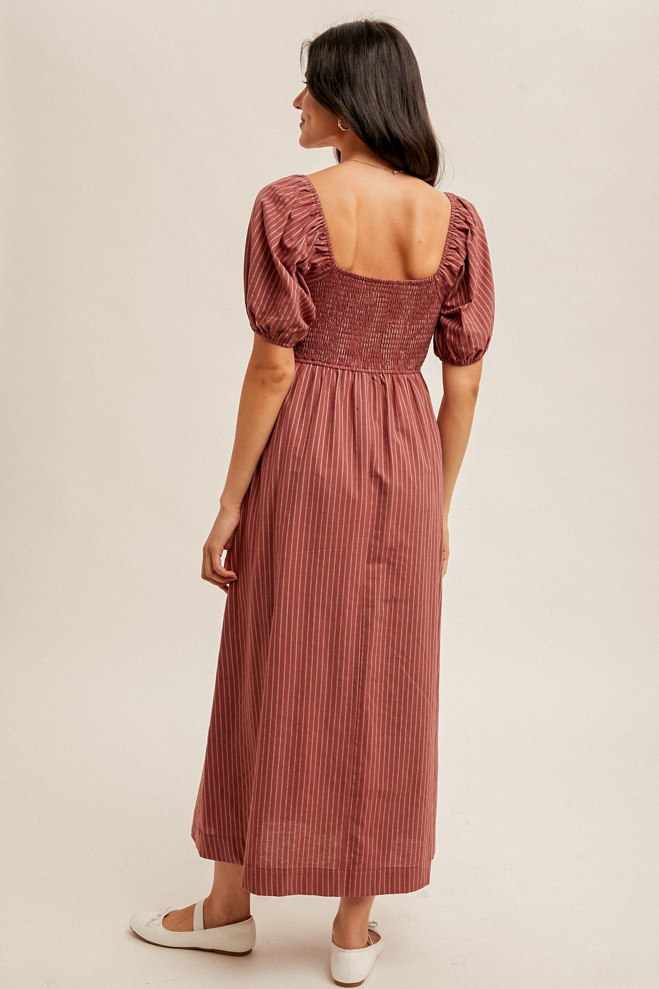 Bubble Sleeve Popcorn Smocked Midi Dress