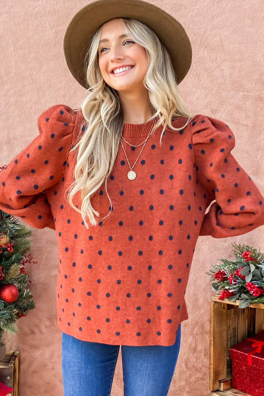 Polka Dot Puff Shoulder Long Sleeve Sweater Top