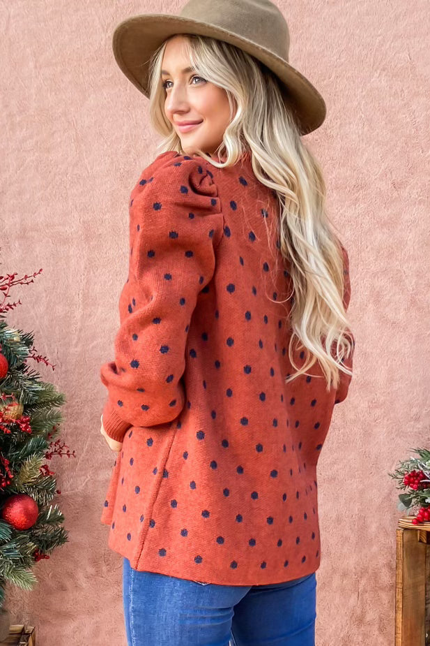 Polka Dot Puff Shoulder Long Sleeve Sweater Top