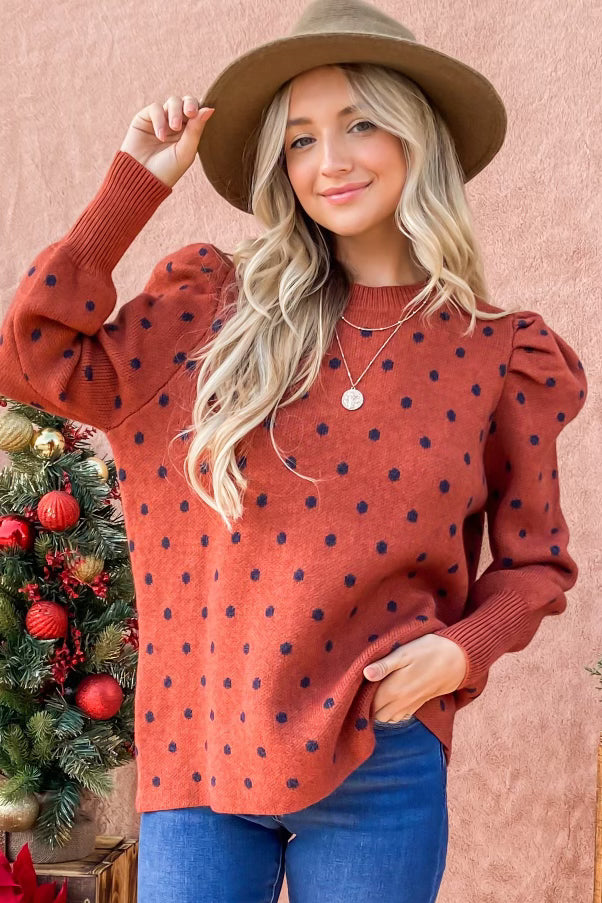 Polka Dot Puff Shoulder Long Sleeve Sweater Top