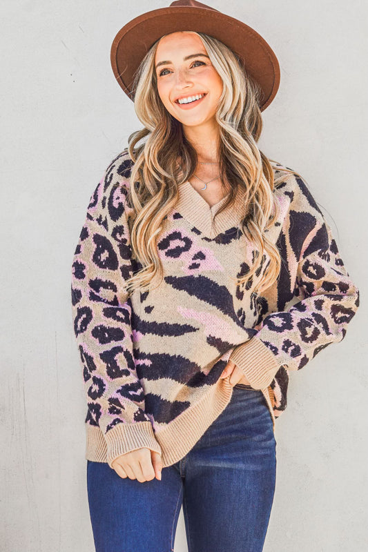 Leopard Print V Neck Pullover Sweater