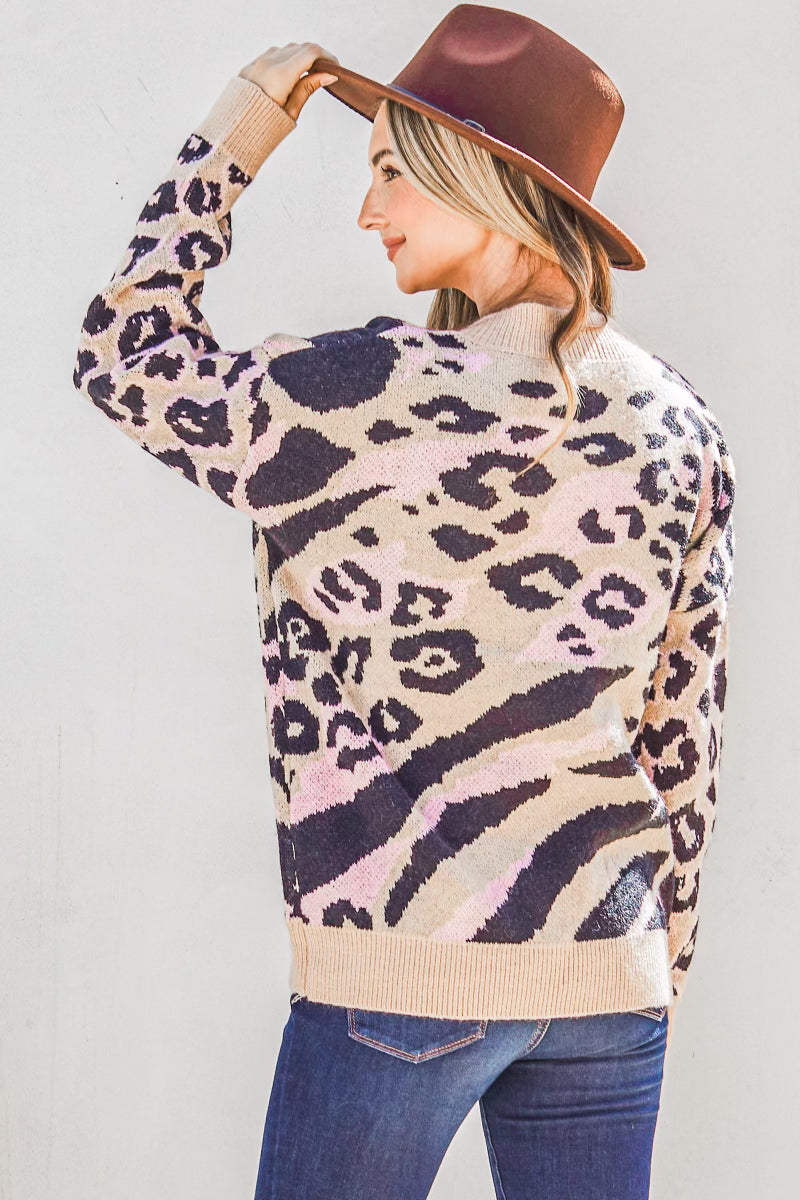 Leopard Print V Neck Pullover Sweater