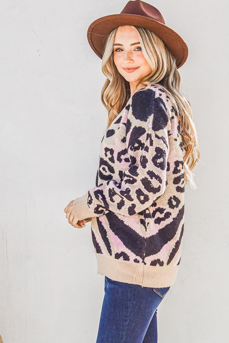 Leopard Print V Neck Pullover Sweater