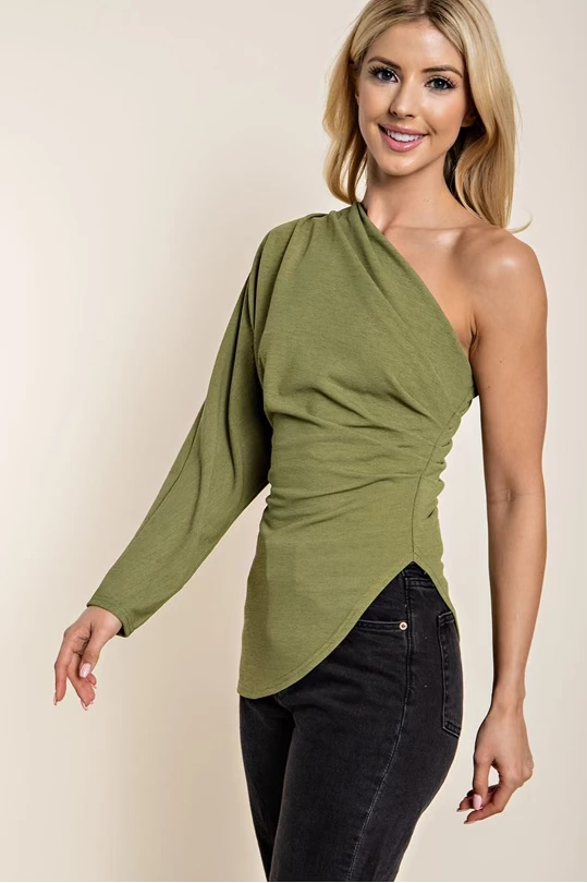 Ruched Asymmetric Hem Knit Top