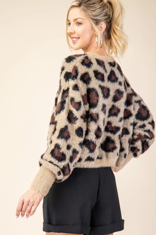 Round Neck Long Sleeve Leopard Pattern Sweater