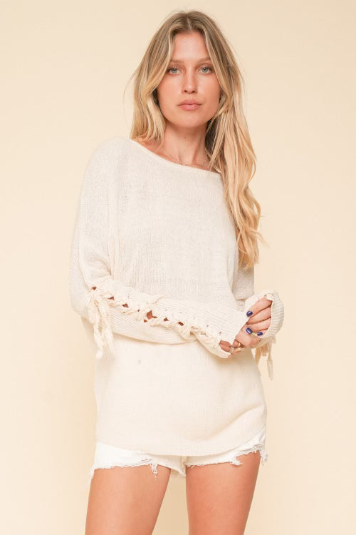 Mini Tessel Lace Up Sleeve Boat Neck Sweater