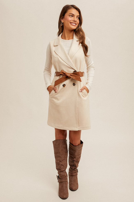 Leather Belt Contrast Suede Longline Vest