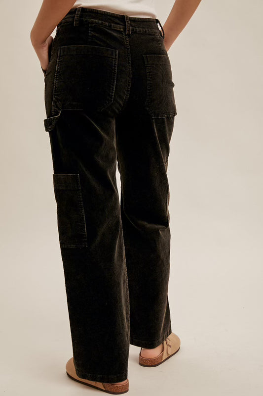 Distressed Washed Wide Leg Corduroy Cargo Pants