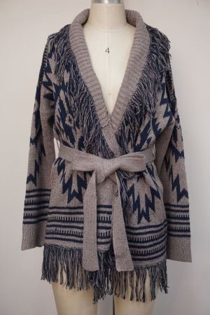 FRINGE SHAWL COLLAR ETHNIC PRINT BELTED CARDIGAN