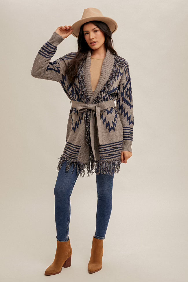 FRINGE SHAWL COLLAR ETHNIC PRINT BELTED CARDIGAN