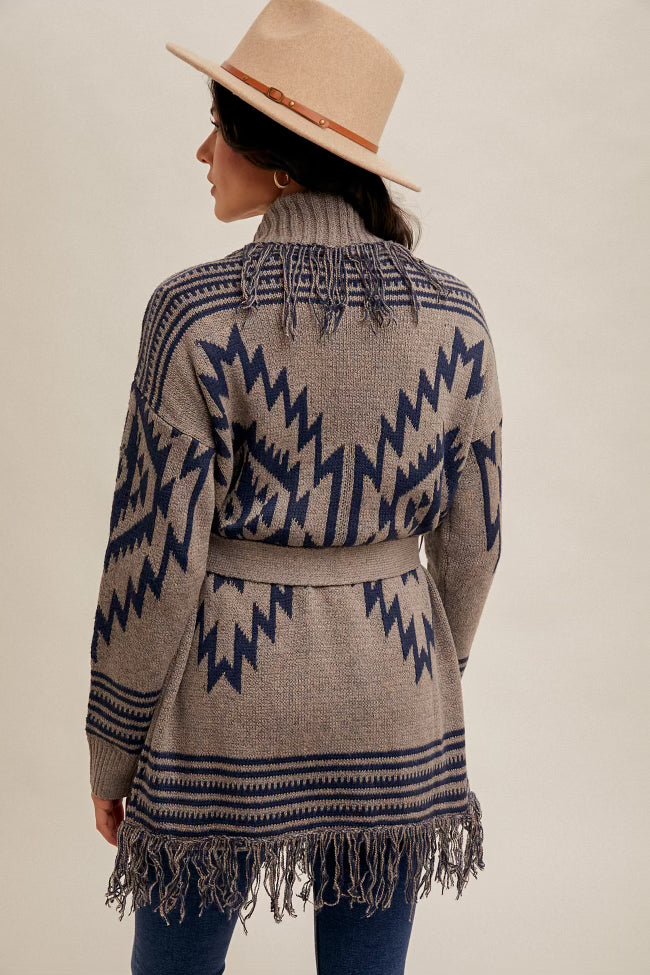 FRINGE SHAWL COLLAR ETHNIC PRINT BELTED CARDIGAN