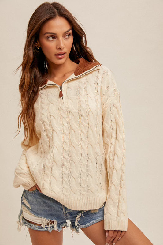 Half Zip Up Corduroy Collar Sweater