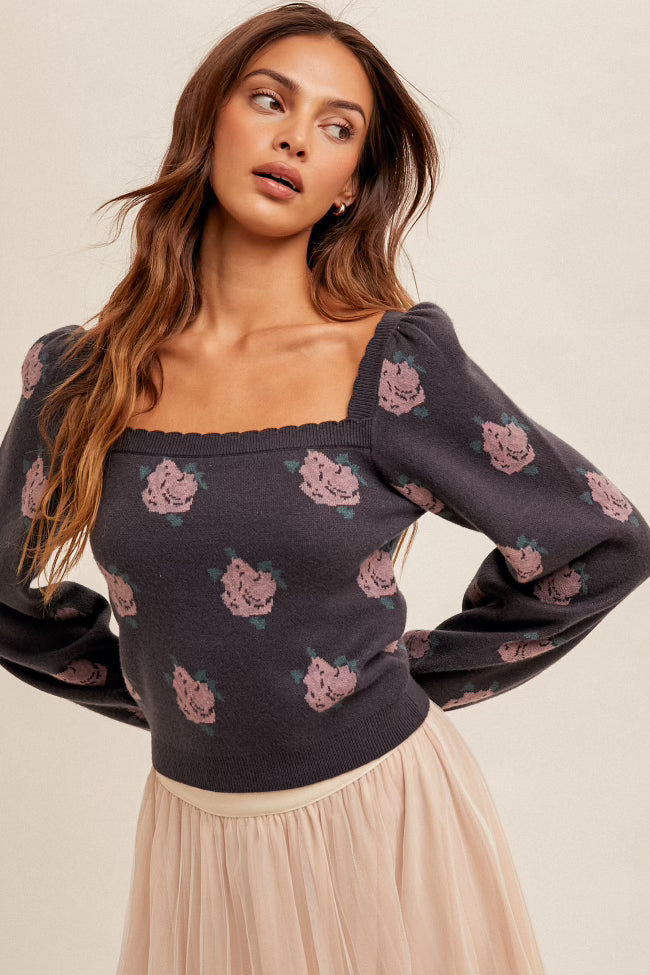 Square Neck Puff Sleeve Floral Sweater